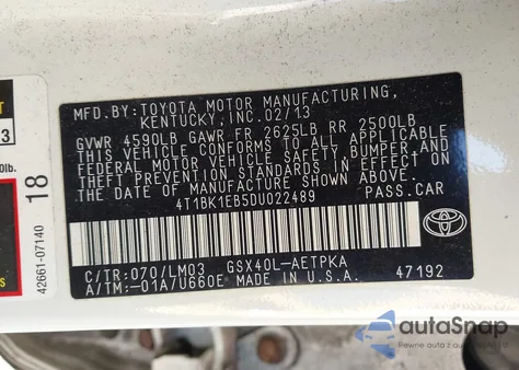 2013 Toyota Avalon Limited from USA, damaged, VIN 4T1BK1EB5DU022489